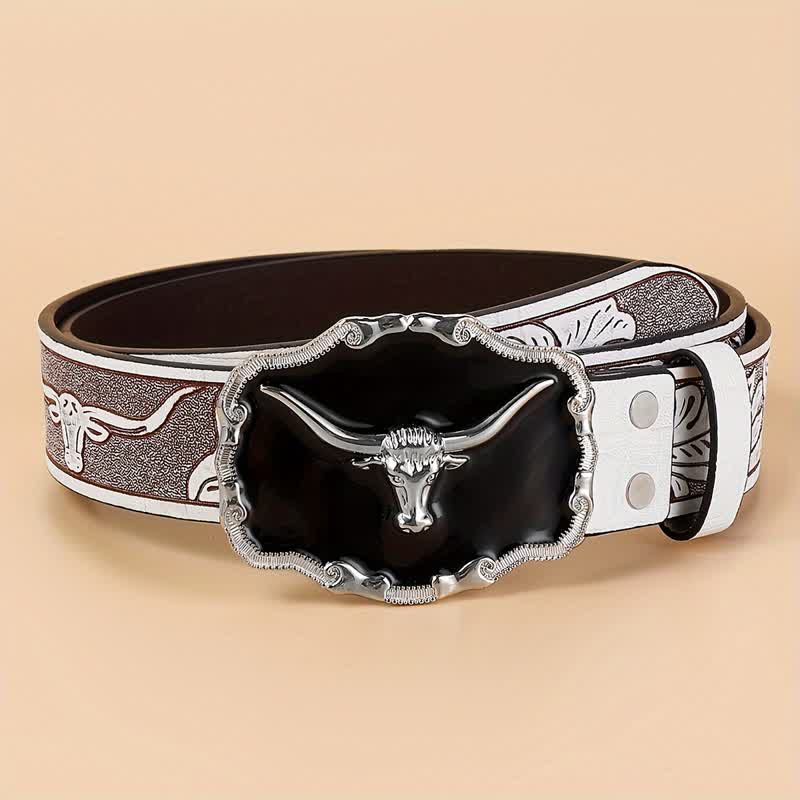 Cintura da uomo in pelle con testa di toro Longhorn Western nera