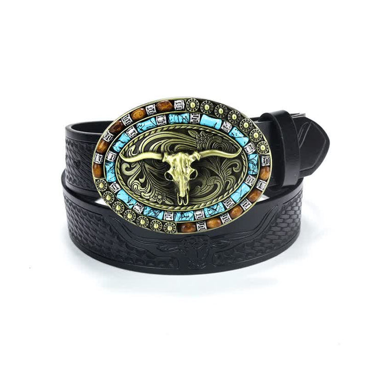 Cintura da uomo in pelle di toro turchese da cowboy western
