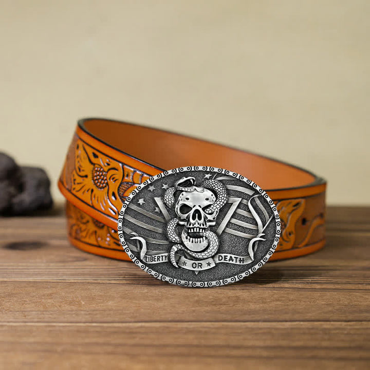 Cintura in pelle fai da te da uomo con fibbia a forma di teschio di serpente "Liberty or Death"