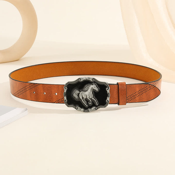 Cintura da uomo in pelle con fibbia classica in argento a forma di cavallo da corsa