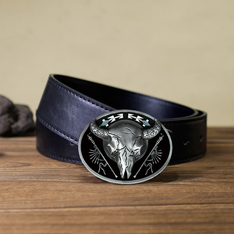Cintura in pelle con fibbia a forma di teschio di toro a tema indiano fai da te da uomo