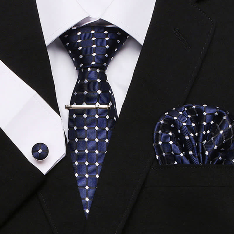 Set di 4 cravatte a quadri eleganti a pois blu navy da uomo