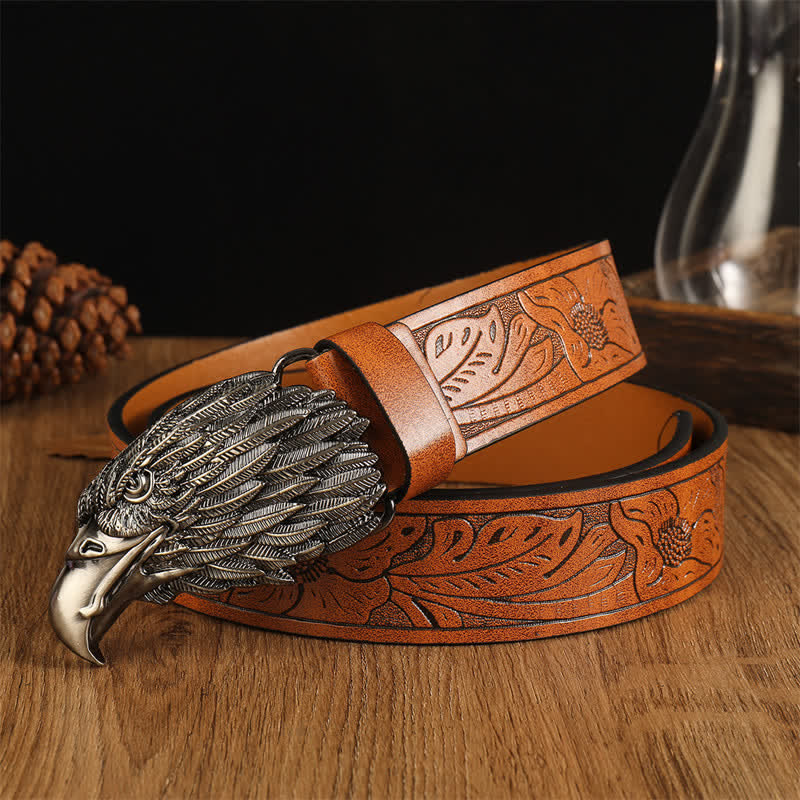 Cintura da uomo in pelle western con testa d'aquila e avvoltoio realistico
