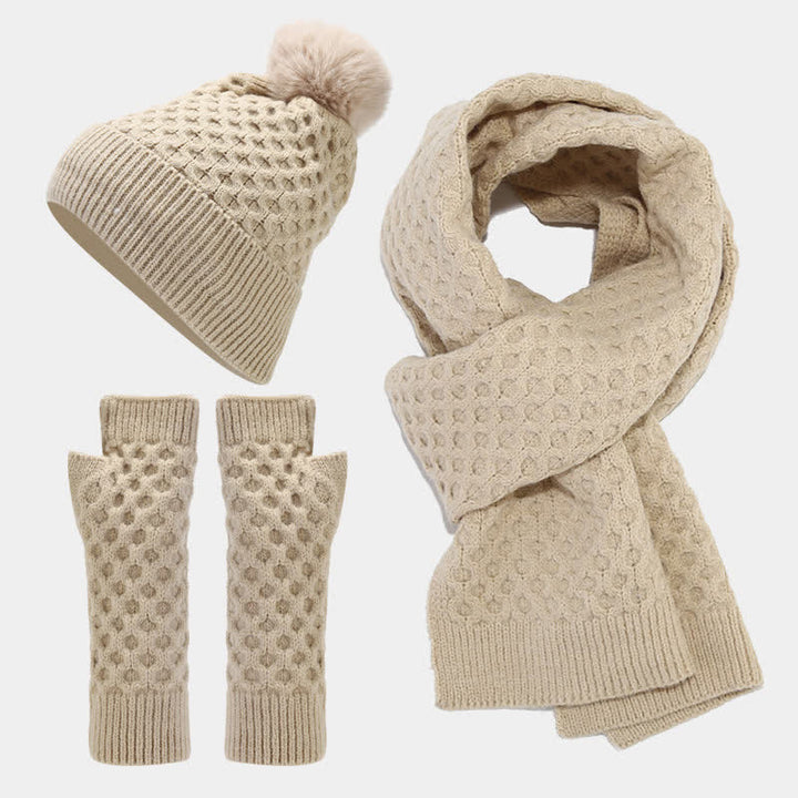 Set di 3 cappelli, sciarpe e guanti lavorati a maglia incrociati da donna