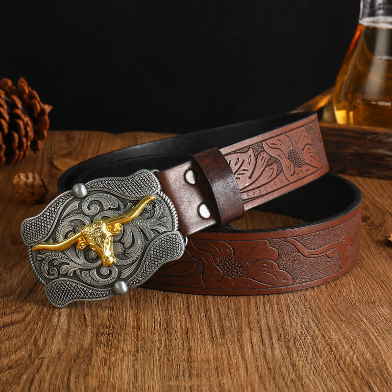 Cintura da uomo in pelle di toro Longhorn dorata quadrata