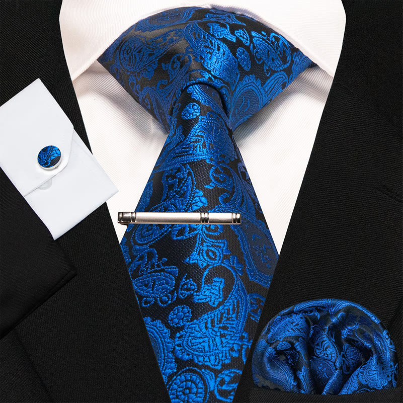 Set di 4 cravatte Paisley di lusso da uomo blu e nero
