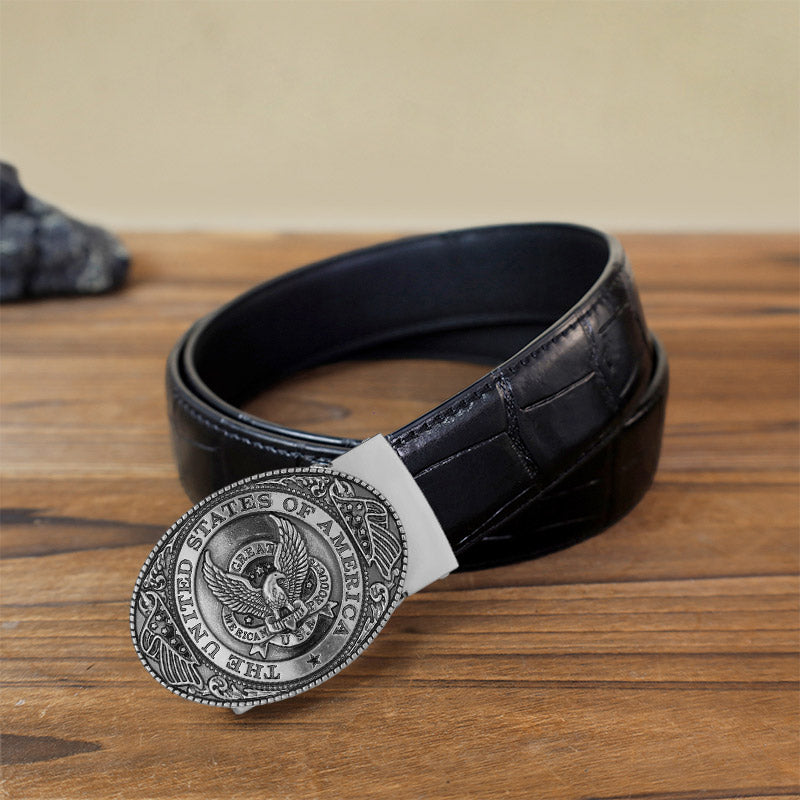 Cintura in pelle con fibbia automatica fai da te con bandiera USA Eagle da uomo