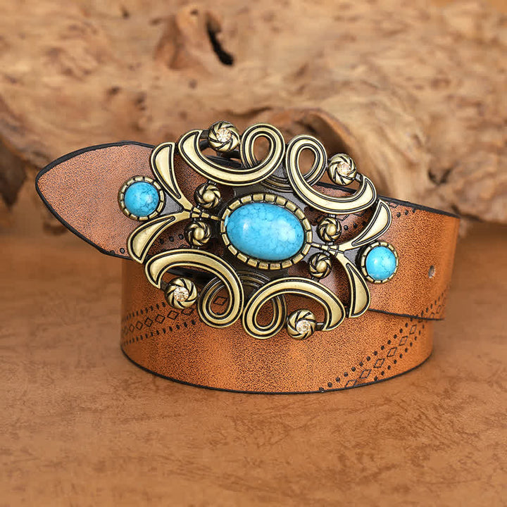 Cintura in pelle con fibbia floreale in pietra turchese bohémien da donna