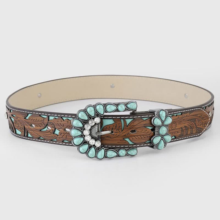 Cintura da donna in pelle western con fiore in rilievo turchese