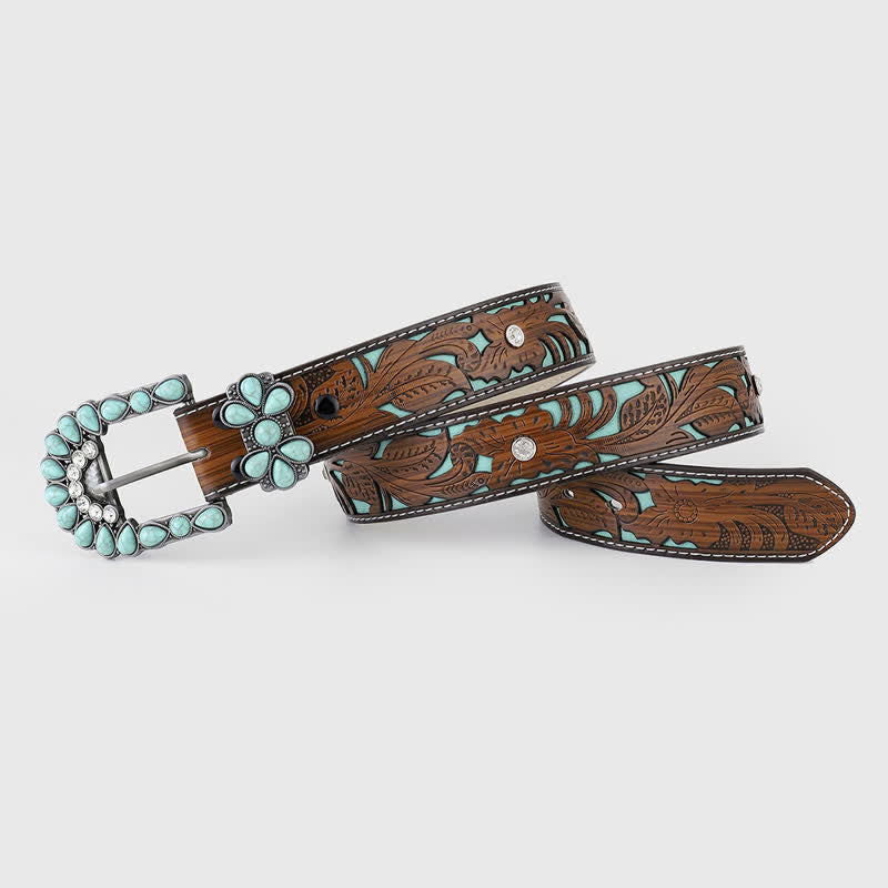 Cintura da donna in pelle western con fiore in rilievo turchese