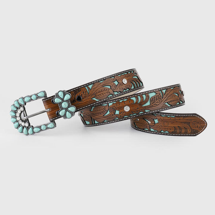 Cintura da donna in pelle western con fiore in rilievo turchese