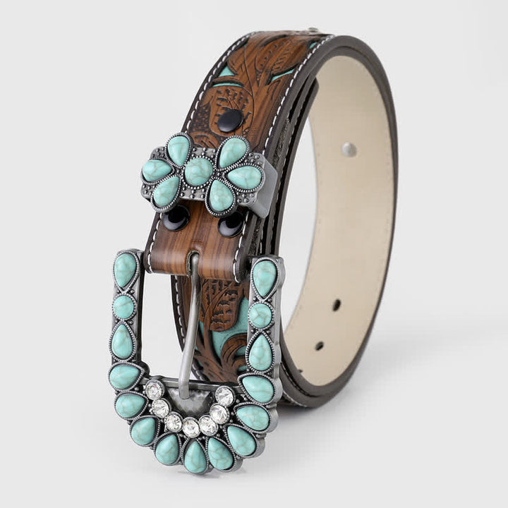 Cintura da donna in pelle western con fiore in rilievo turchese