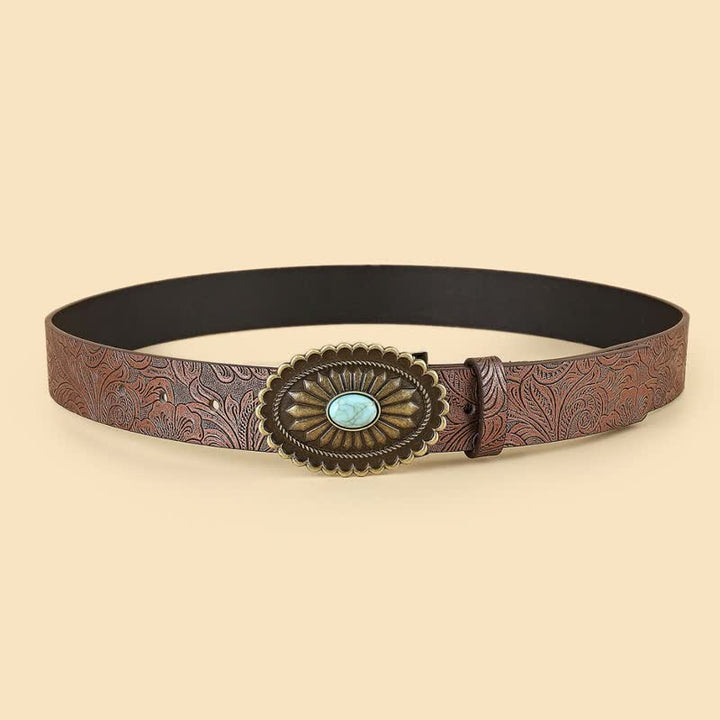 Cintura in pelle marrone con girasole turchese boho da donna