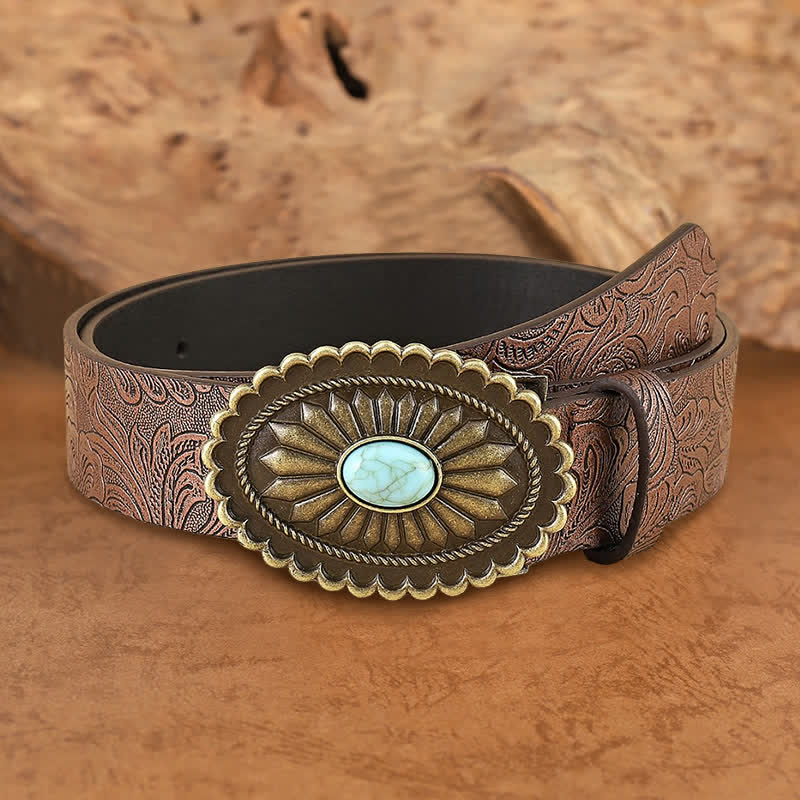 Cintura in pelle marrone con girasole turchese boho da donna
