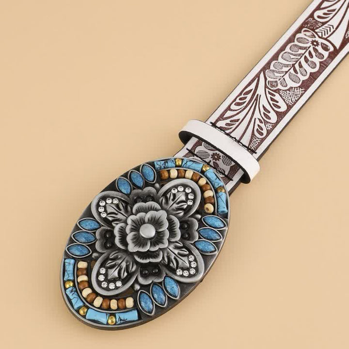 Cintura in pelle con motivo floreale boho in pietra turchese da donna