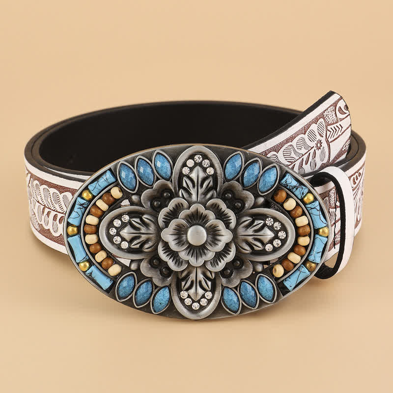 Cintura in pelle con motivo floreale boho in pietra turchese da donna