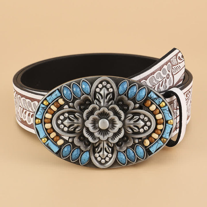 Cintura in pelle con motivo floreale boho in pietra turchese da donna