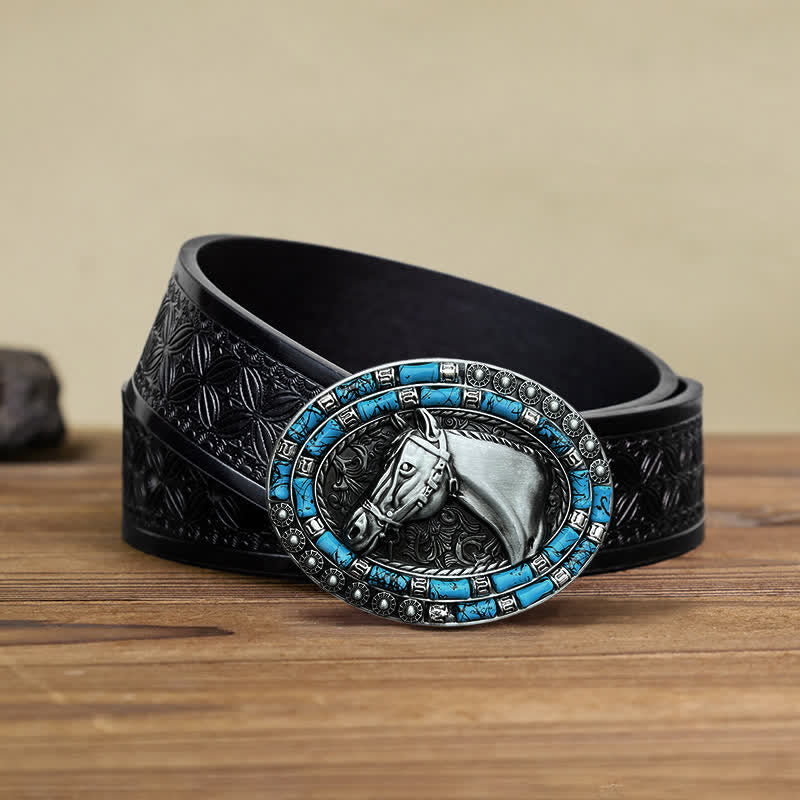 Cintura in pelle con fibbia turchese a forma di testa di cavallo fai da te da uomo