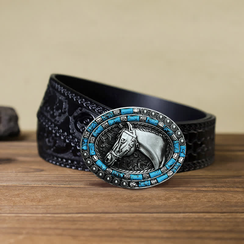 Cintura in pelle con fibbia turchese a forma di testa di cavallo fai da te da uomo