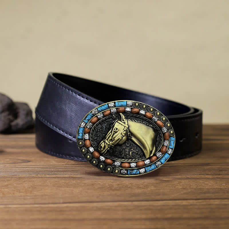 Cintura in pelle con fibbia turchese a forma di testa di cavallo fai da te da uomo