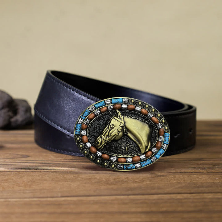 Cintura in pelle con fibbia turchese a forma di testa di cavallo fai da te da uomo