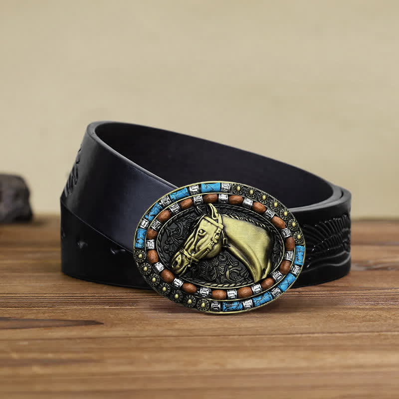 Cintura in pelle con fibbia turchese a forma di testa di cavallo fai da te da uomo