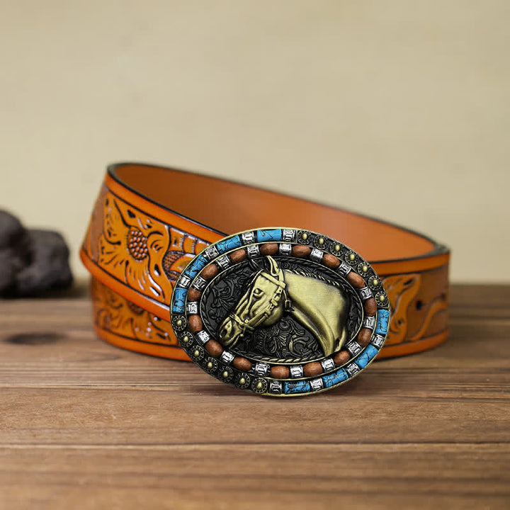 Cintura in pelle con fibbia turchese a forma di testa di cavallo fai da te da uomo