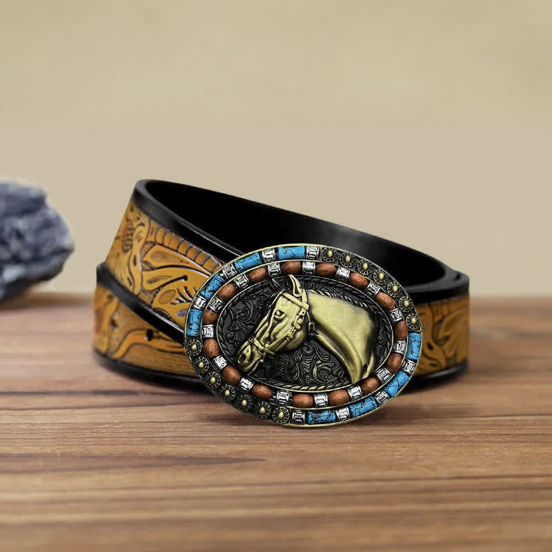 Cintura in pelle con fibbia turchese a forma di testa di cavallo fai da te da uomo