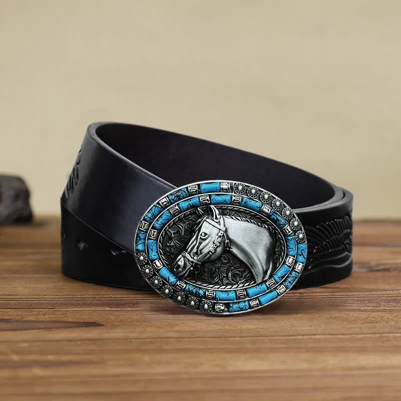 Cintura in pelle con fibbia turchese a forma di testa di cavallo fai da te da uomo