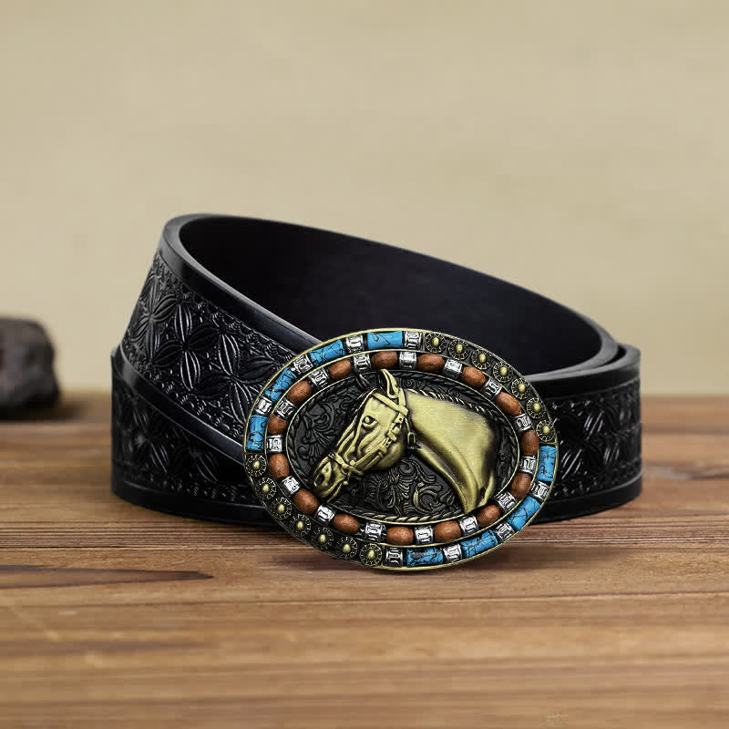 Cintura in pelle con fibbia turchese a forma di testa di cavallo fai da te da uomo