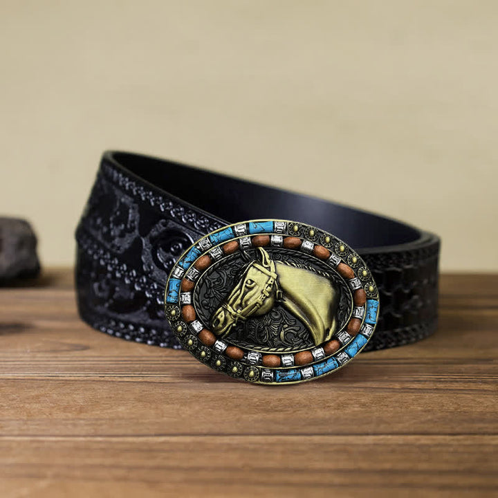 Cintura in pelle con fibbia turchese a forma di testa di cavallo fai da te da uomo