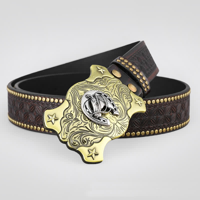 Cintura da uomo in pelle con borchie e borchie in rilievo a forma di cavallo western