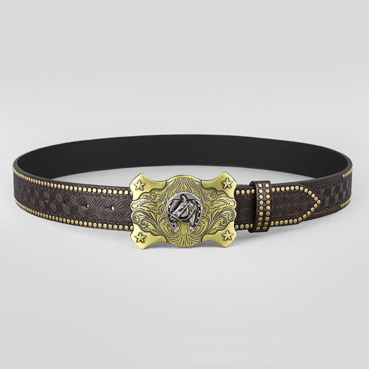Cintura da uomo in pelle con borchie e borchie in rilievo a forma di cavallo western