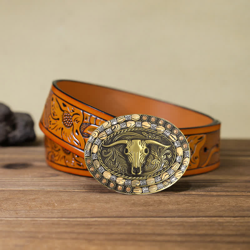 Cintura in pelle con fibbia decorativa con perline a testa di toro in oro fai da te da uomo