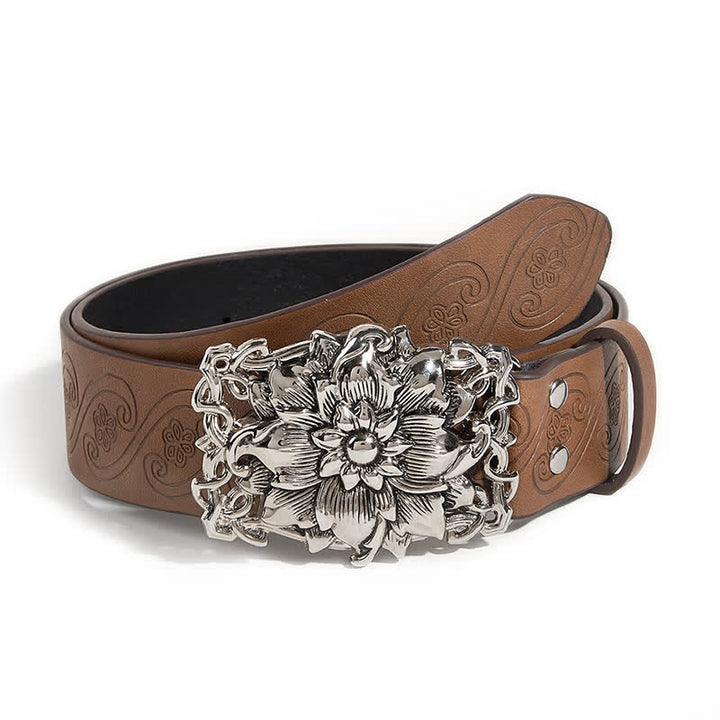 Cintura da donna in pelle con chiusura floreale color cammello