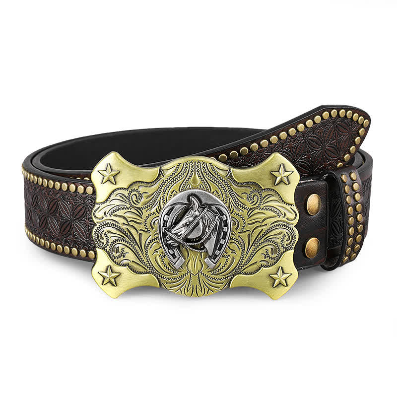 Cintura da uomo in pelle con borchie e borchie in rilievo a forma di cavallo western