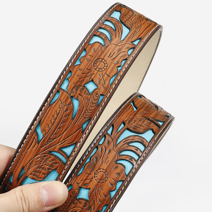 Cintura da donna in pelle incisa con fibbia in perline di legno turchese