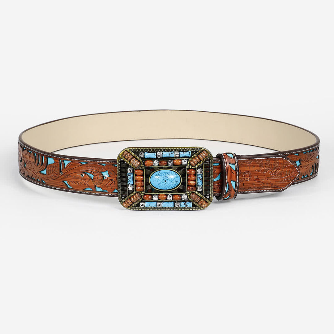 Cintura da donna in pelle incisa con fibbia in perline di legno turchese