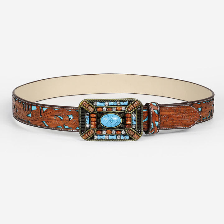 Cintura da donna in pelle incisa con fibbia in perline di legno turchese