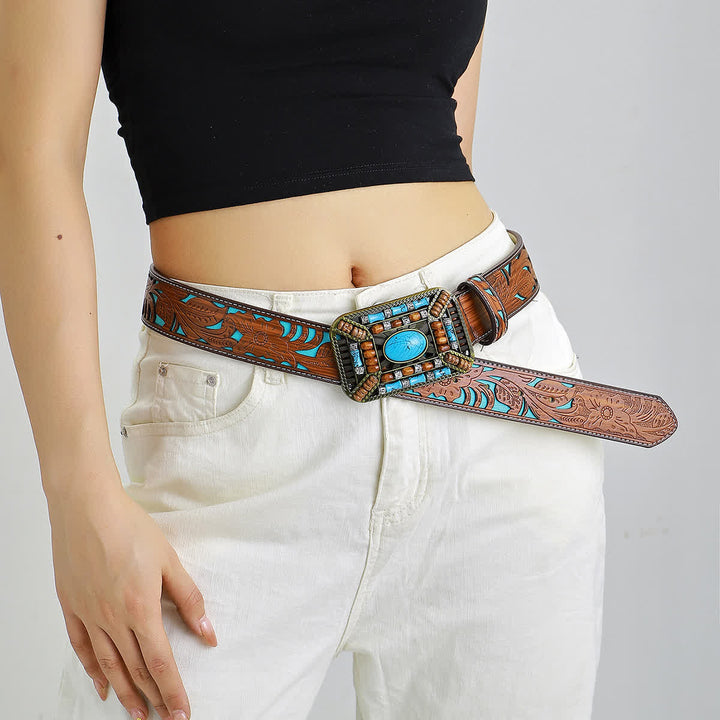 Cintura da donna in pelle incisa con fibbia in perline di legno turchese