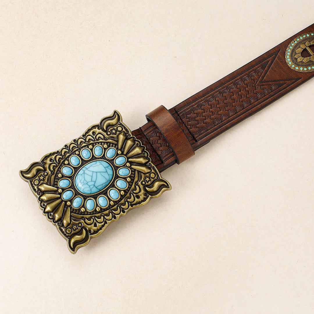 Cintura in pelle con fibbia turchese quadrata in stile western retrò da donna