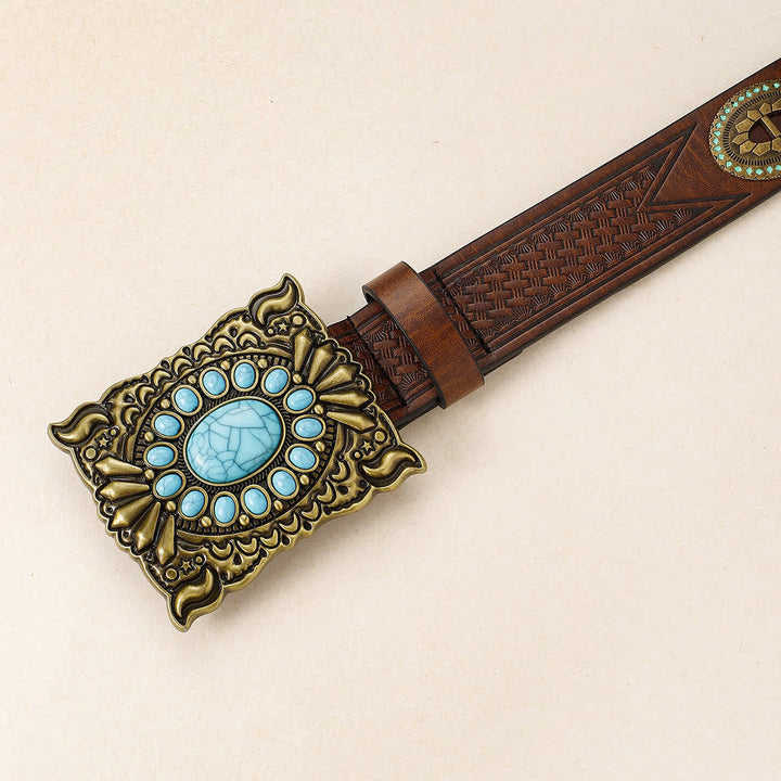 Cintura in pelle con fibbia turchese quadrata in stile western retrò da donna