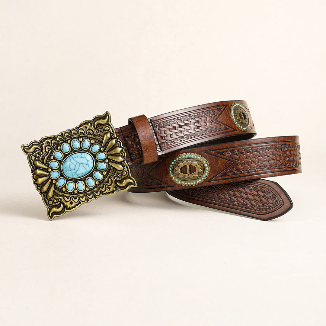 Cintura in pelle con fibbia turchese quadrata in stile western retrò da donna