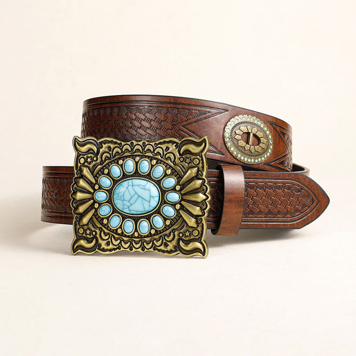Cintura in pelle con fibbia turchese quadrata in stile western retrò da donna