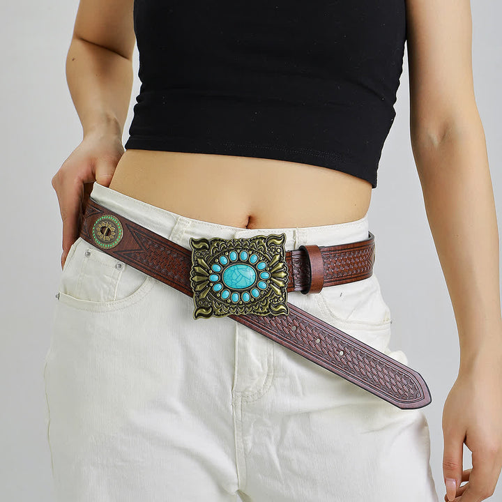 Cintura in pelle con fibbia turchese quadrata in stile western retrò da donna