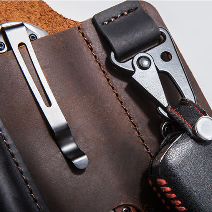 Borsa da cintura in pelle da campeggio con fondina per coltello pieghevole portatile