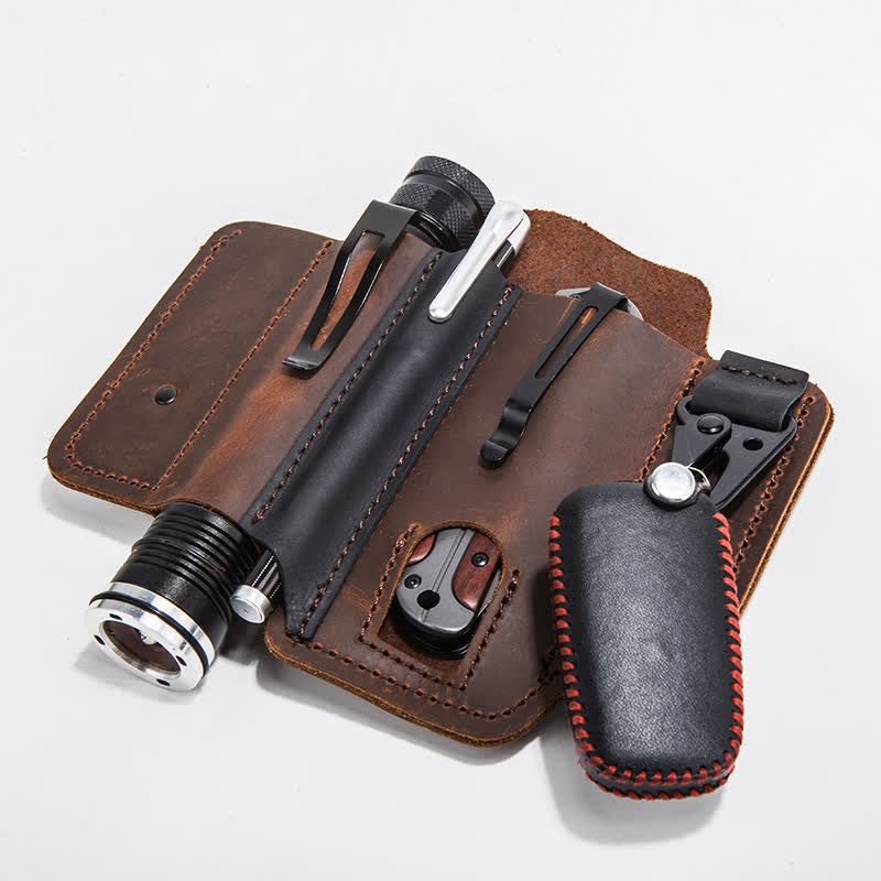 Borsa da cintura in pelle da campeggio con fondina per coltello pieghevole portatile