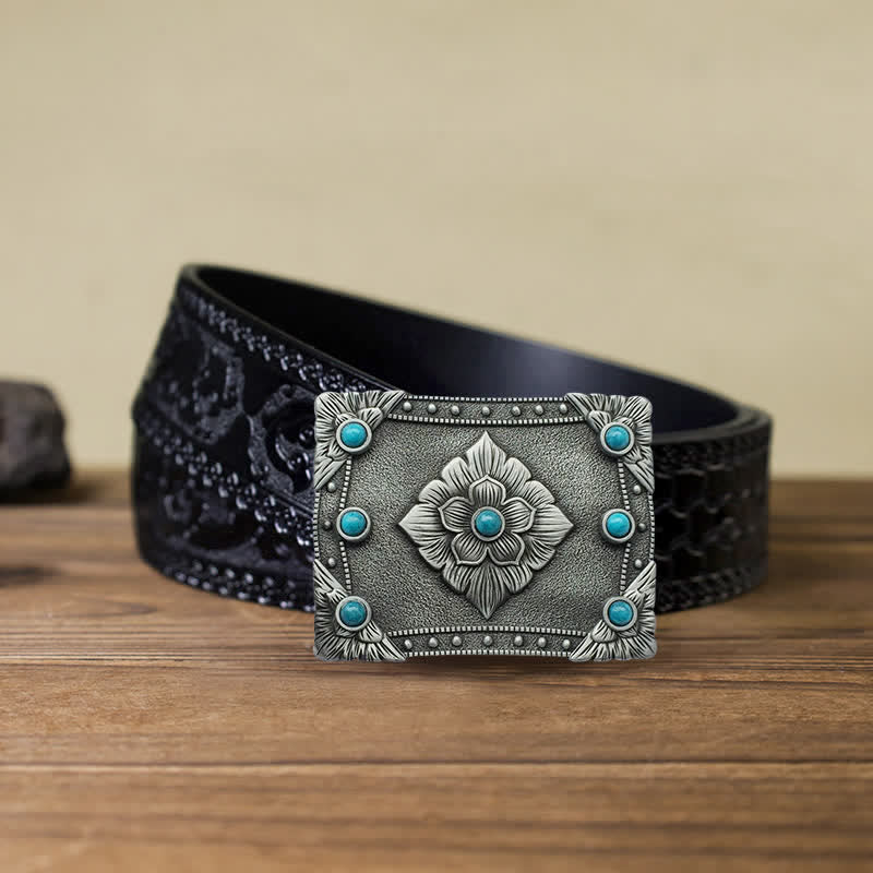 Cintura in pelle con fibbia rettangolare turchese western fai da te da uomo
