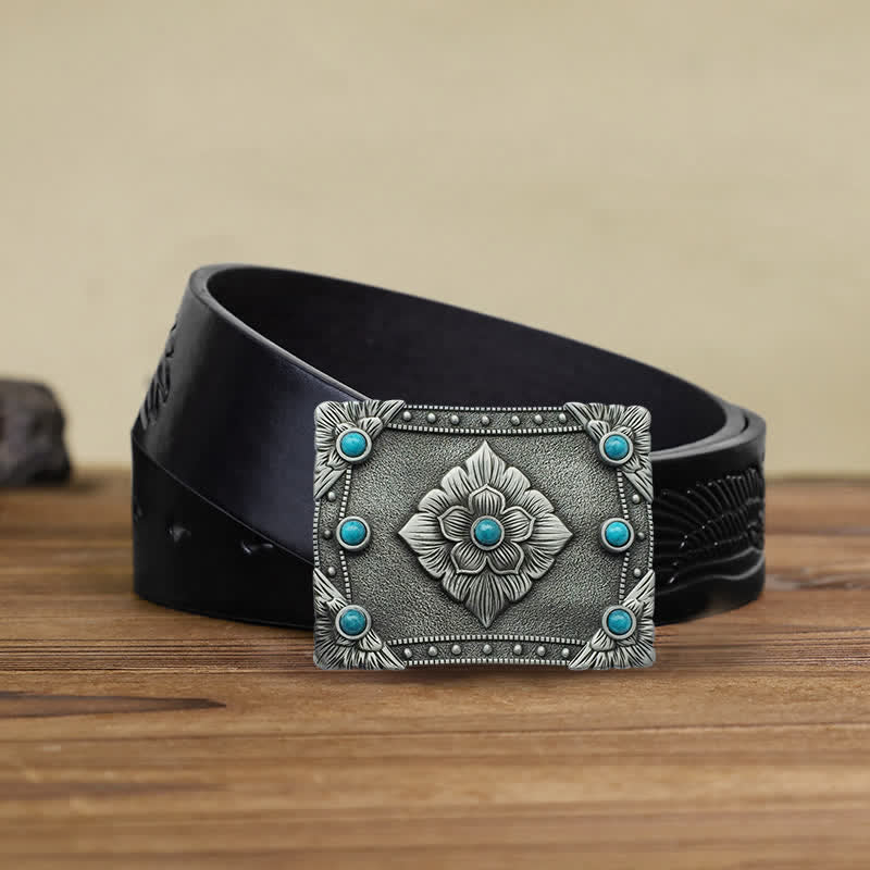 Cintura in pelle con fibbia rettangolare turchese western fai da te da uomo