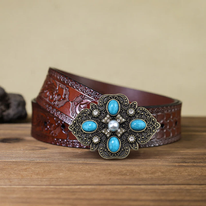 Cintura in pelle con fibbia decorativa turchese fai da te da uomo